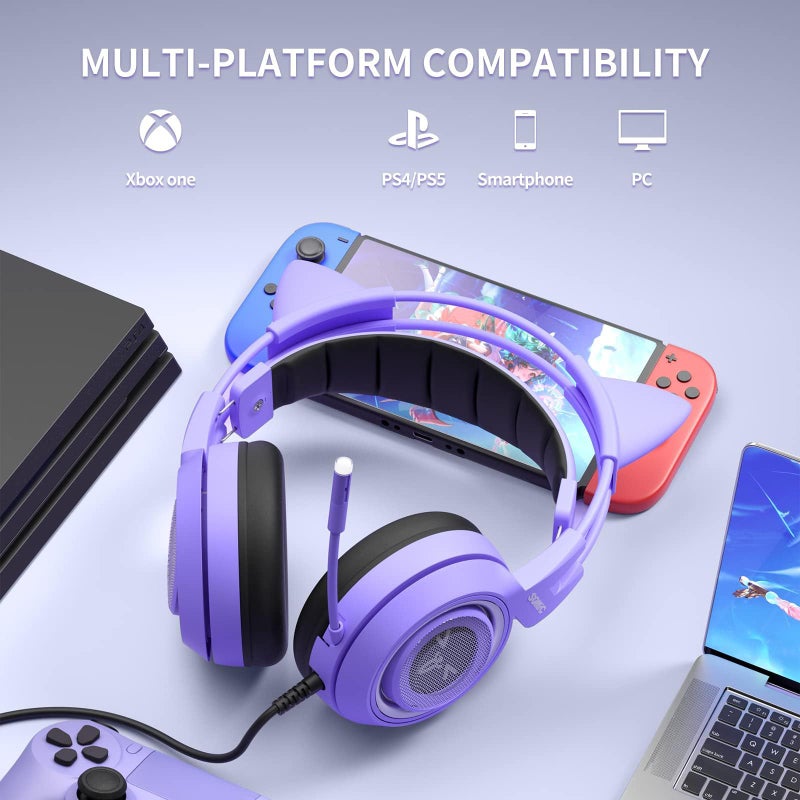 SOMIC G951S Purple Stereo Gaming Headset with Mic for PS4, PS5, Xbox One, PC, Phone, Detachable Cat Ear 3.5MM Noise Reduction Headphones Computer Gaming Headphone Self-Adjusting Gamer Headsets - Image 4